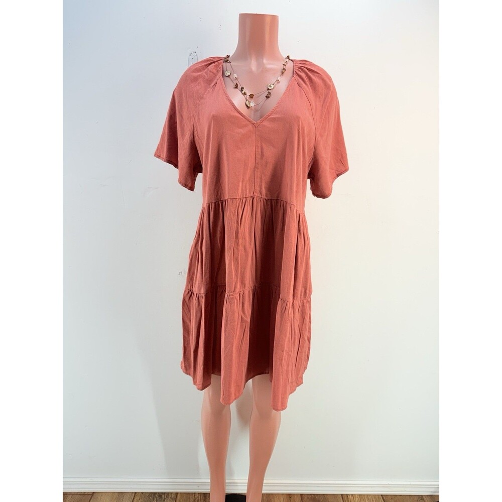 Old Navy Tiered Mini Swing Dress Large Short Sleeve V-Neck - Picture 2 of 11